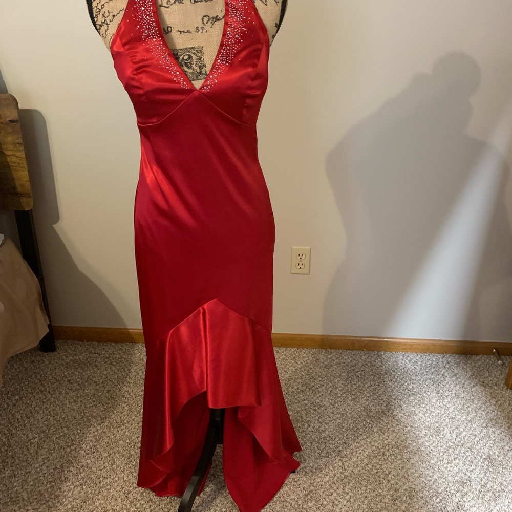 Red formal Evening Halter Dress Rhinestone Front